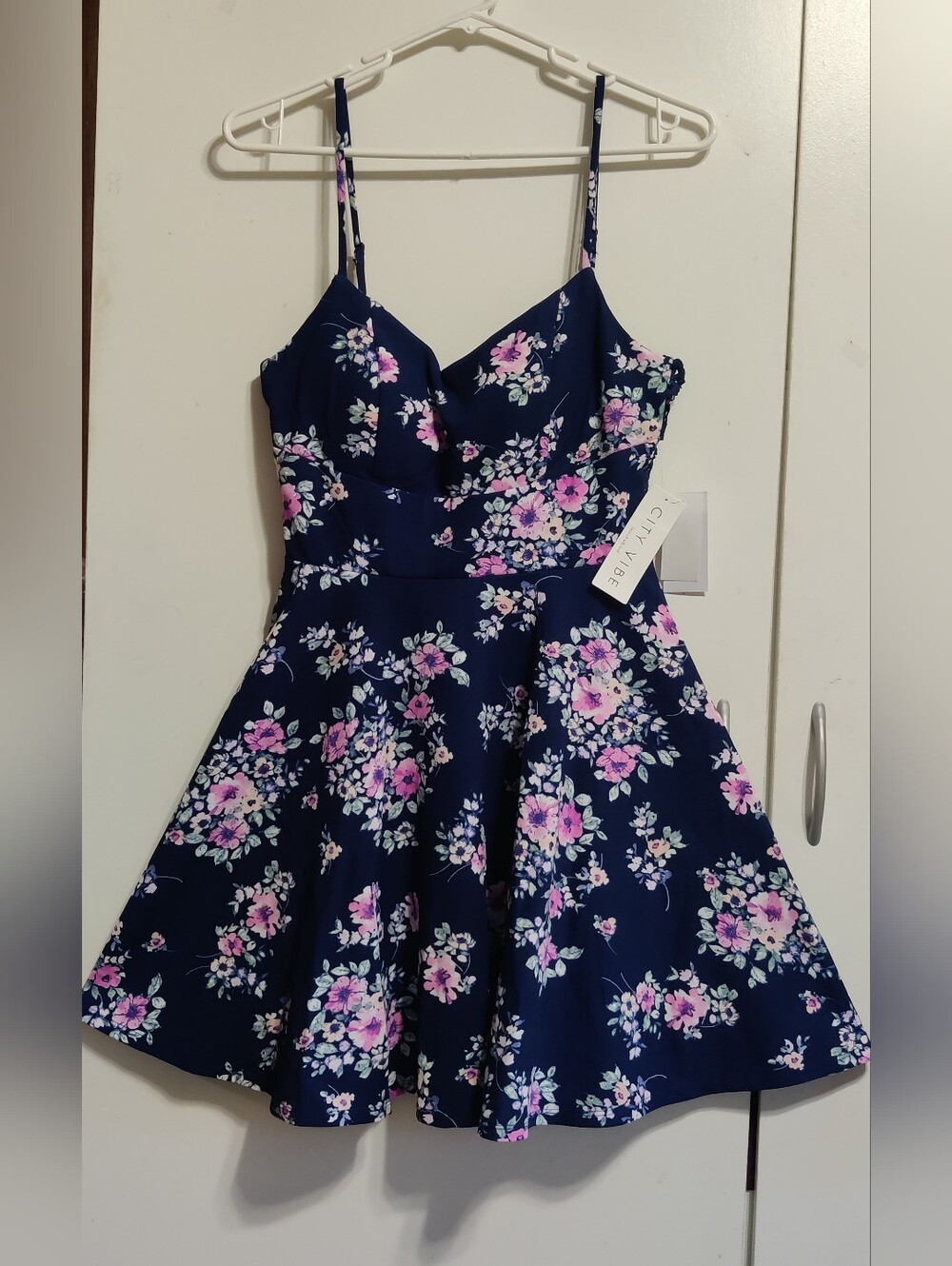 NWT Navy Floral Fit & Flare Sundress with Lace Back Detail By City Vibe